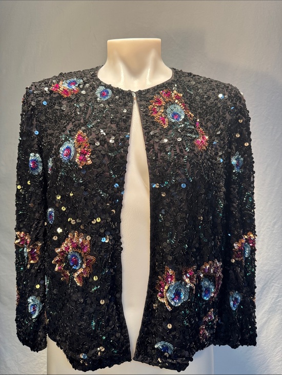 French Connection Jackets & Blazers - French Connection Black Sequin Jacket with Colorful Floral Embellishments
